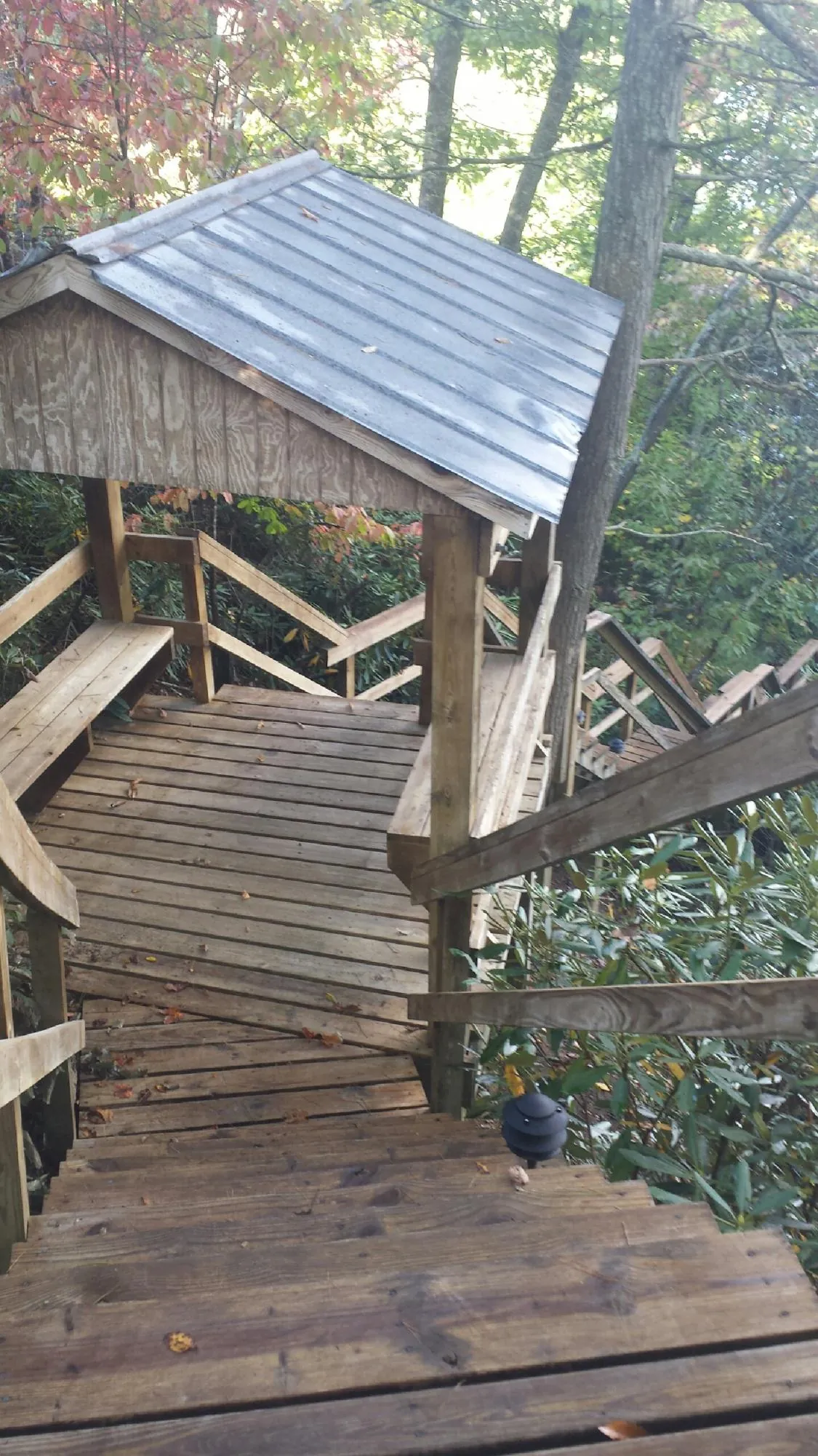 Metal roofed shelter over wooden steps on a wooded walkway — Skylight Repair & Installation work by our crew in Whitehouse